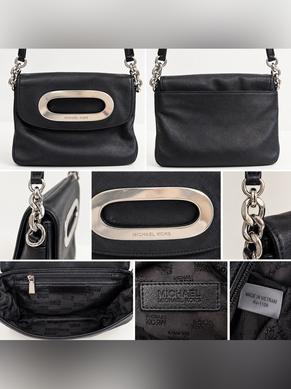 MICHAEL Michael Kors Black Leather Cutout Handle Chain Shoulder Crossbody Bag
